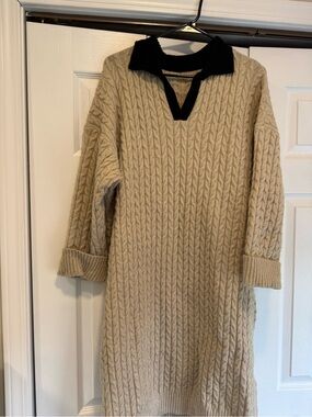 Cable-Knit Polo Collar Sweater Dress in Beige and Black